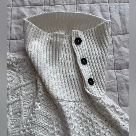 Talbots Cream Patchwork Cableknit Lambswool Blend Mock/ Turtle Neck Poncho-Large - Picture 4 of 10